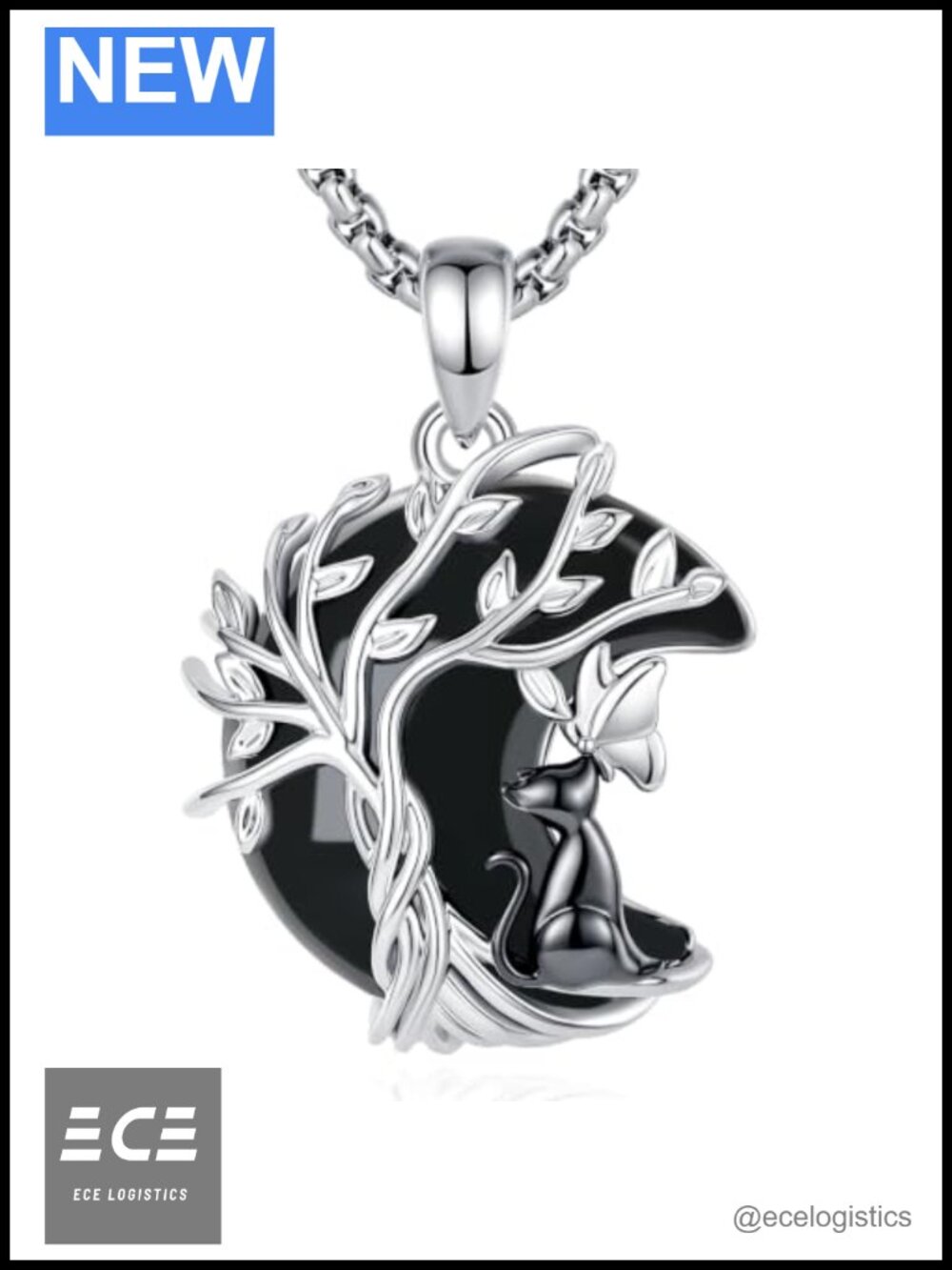 Black Cat Obsidian Pendant Necklace Rhodium Plated Tree of Life